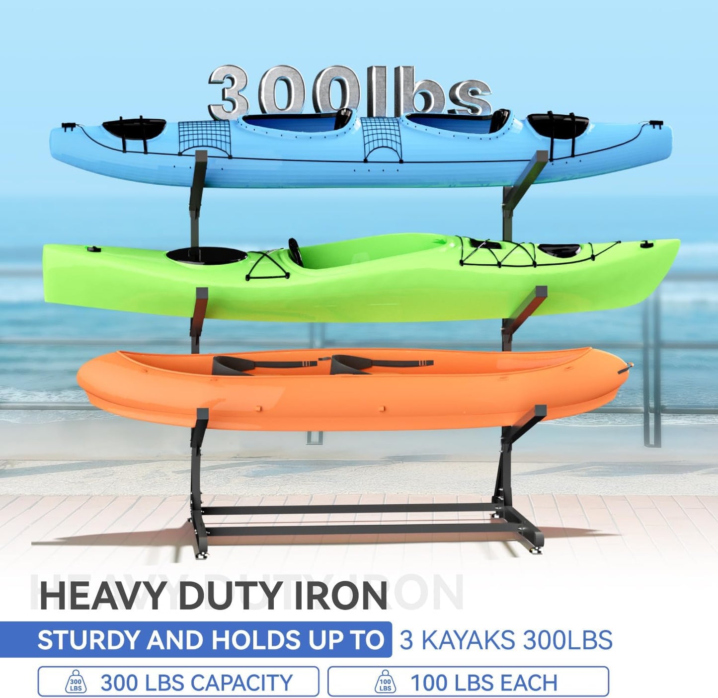Kayak Storage Rack, Heavy Duty Kayak Rack for Garage, 3 Level Adjustable Kayak Stand Holds up to 300 Lbs for Kayaks, Paddleboards, Surfboards, Indoor Outdoor Kayak Holder(3 Kayaks)