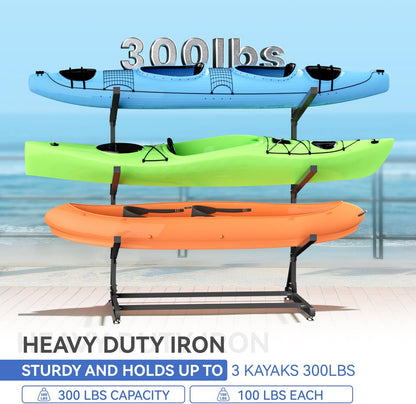 Kayak Storage Rack, Heavy Duty Kayak Rack for Garage, 3 Level Adjustable Kayak Stand Holds up to 300 Lbs for Kayaks, Paddleboards, Surfboards, Indoor Outdoor Kayak Holder(3 Kayaks)