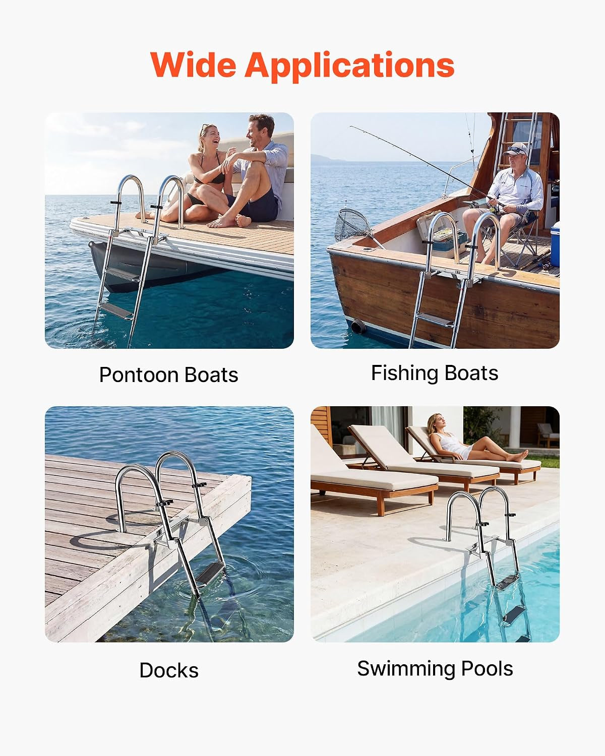Boat Ladder, 4 Steps Stainless Steel Telescoping Folding Swim Deck Ladder for Rear Entry Inboard, 600Lbs Capacity with 4.1'' Extra Wide Steps & Handrails, for Outboards, Yacht, Pontoon Boat
