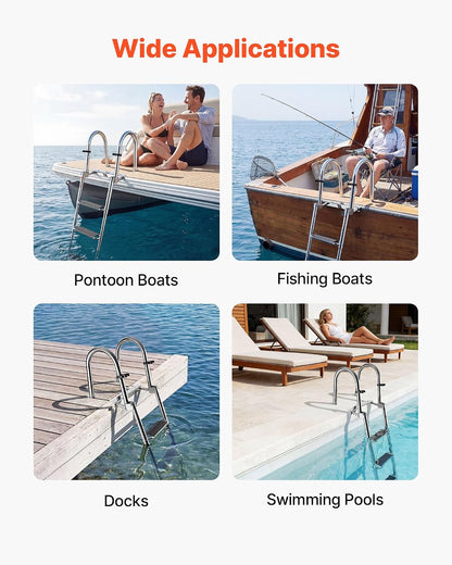 Boat Ladder, 4 Steps Stainless Steel Telescoping Folding Swim Deck Ladder for Rear Entry Inboard, 600Lbs Capacity with 4.1'' Extra Wide Steps & Handrails, for Outboards, Yacht, Pontoon Boat