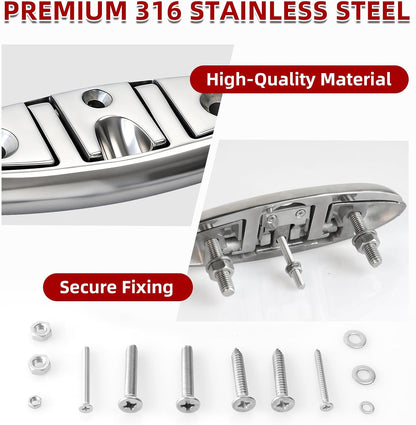 8 Pcs Boat Cleats 6" & 8" – 316 Stainless Steel Marine Grade, Includes 6" Folding and 8" Open Base Cleats with Mounting Screws for Boats, Kayaks, Yachts, Docks & Nautical Decor