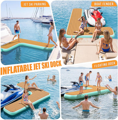 Inflatable Jet Ski Dock, 10Ft/8Ft Inflatable Floating Dock for Lake Ocean Pool, PWC Inflatable Dock Floating Platform, Non-Slip EVA Surface, Boat Fenders for Docking, T Shaped/L Shaped Design