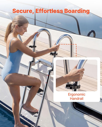 Boat Ladder, 4 Steps Stainless Steel Telescoping Folding Swim Deck Ladder for Rear Entry Inboard, 600Lbs Capacity with 4.1'' Extra Wide Steps & Handrails, for Outboards, Yacht, Pontoon Boat