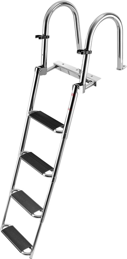 Boat Ladder, 4 Steps Stainless Steel Telescoping Folding Swim Deck Ladder for Rear Entry Inboard, 600Lbs Capacity with 4.1'' Extra Wide Steps & Handrails, for Outboards, Yacht, Pontoon Boat