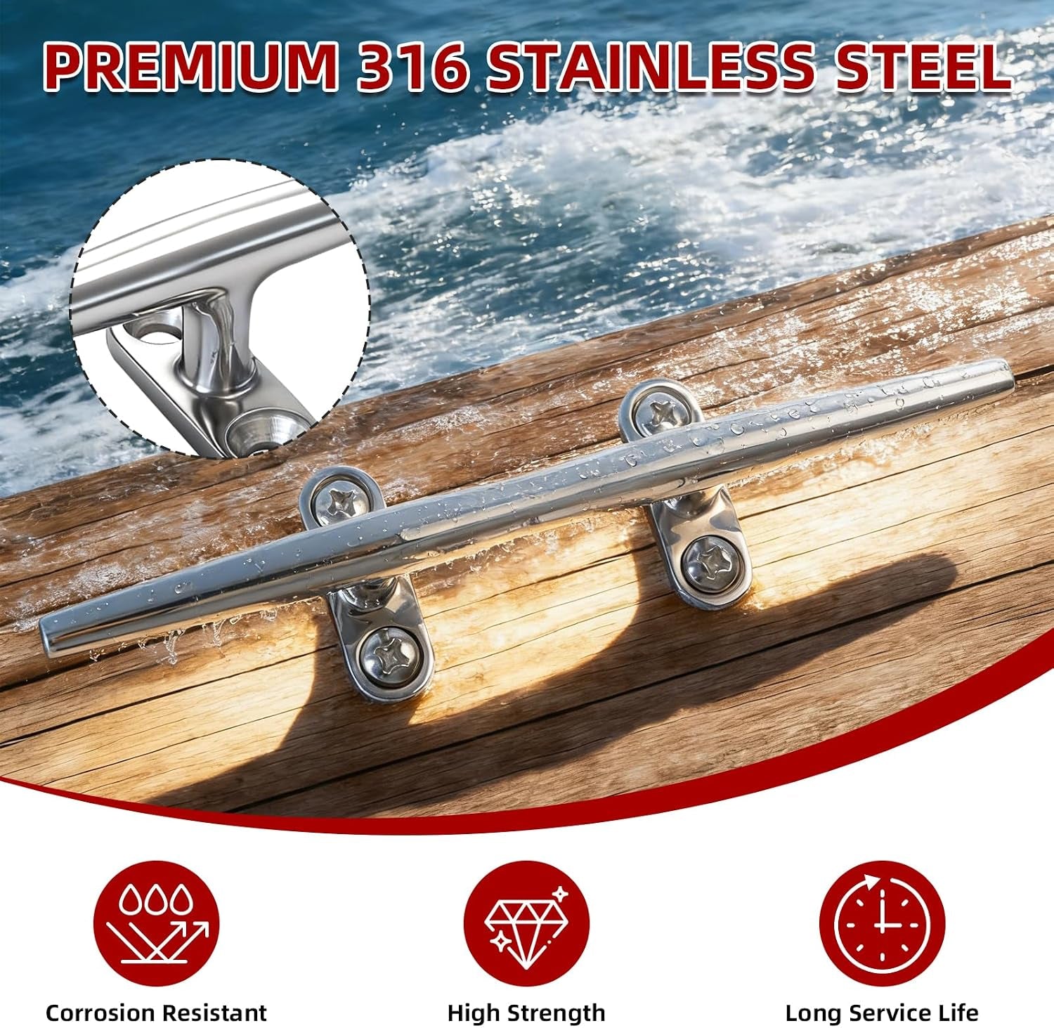 8 Pcs Boat Cleats 6" & 8" – 316 Stainless Steel Marine Grade, Includes 6" Folding and 8" Open Base Cleats with Mounting Screws for Boats, Kayaks, Yachts, Docks & Nautical Decor