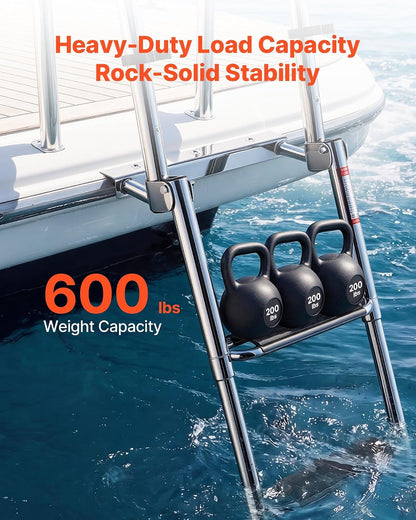 Boat Ladder, 4 Steps Stainless Steel Telescoping Folding Swim Deck Ladder for Rear Entry Inboard, 600Lbs Capacity with 4.1'' Extra Wide Steps & Handrails, for Outboards, Yacht, Pontoon Boat