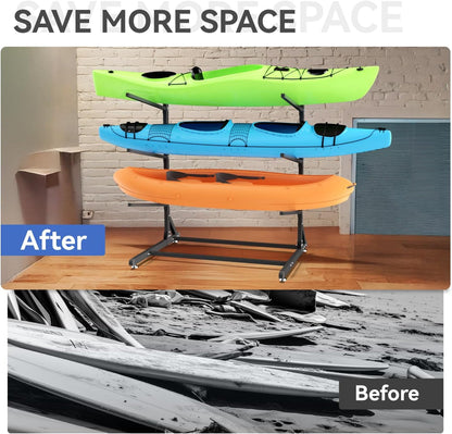 Kayak Storage Rack, Heavy Duty Kayak Rack for Garage, 3 Level Adjustable Kayak Stand Holds up to 300 Lbs for Kayaks, Paddleboards, Surfboards, Indoor Outdoor Kayak Holder(3 Kayaks)