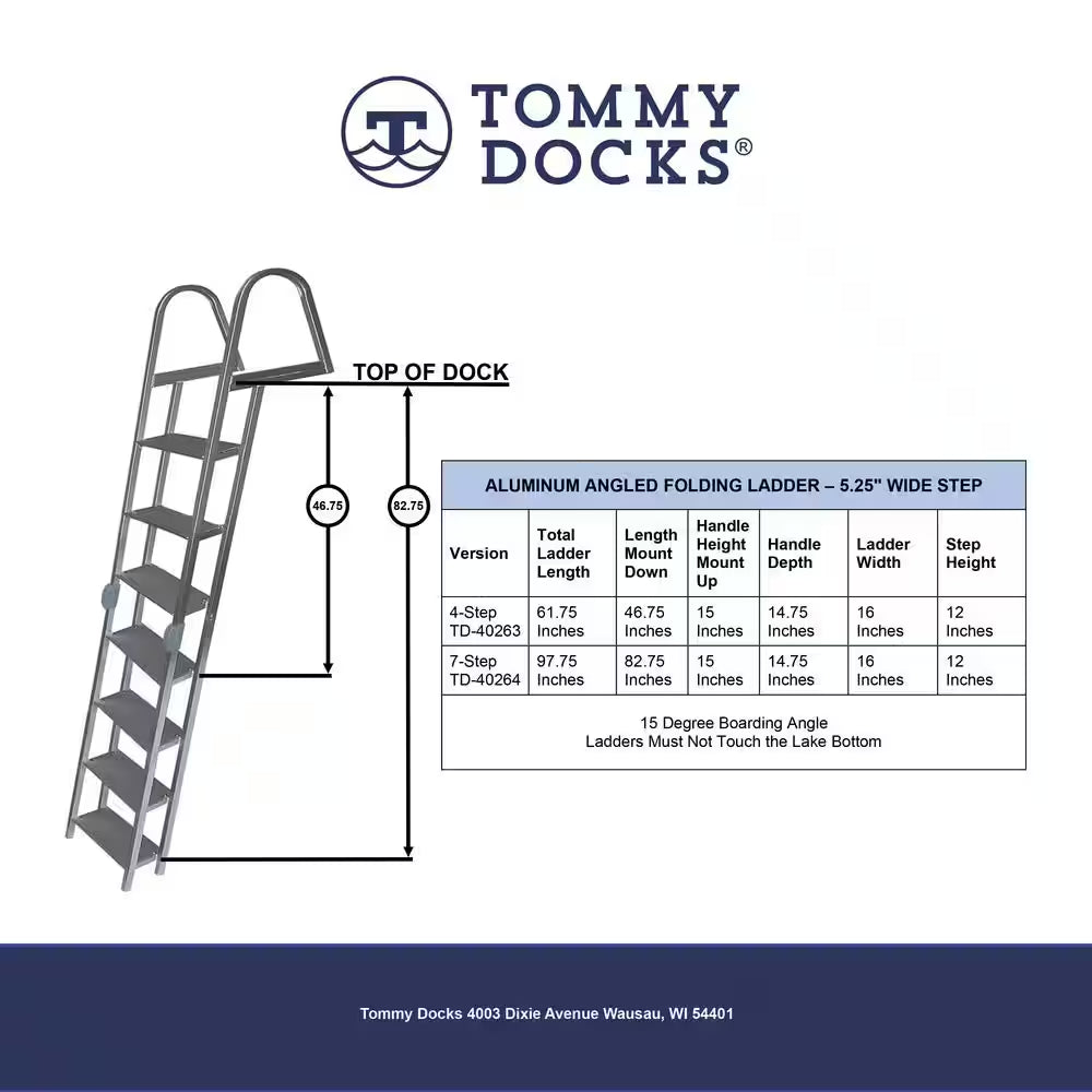 7-Step 16-In. Wide Aluminum Angled Boat Dock Ladder with Tapered Steps for Seawalls and Stationary Dock Systems