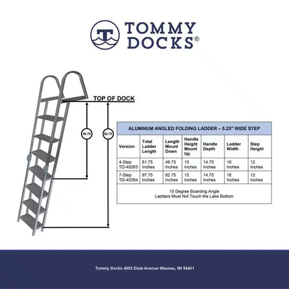 7-Step 16-In. Wide Aluminum Angled Boat Dock Ladder with Tapered Steps for Seawalls and Stationary Dock Systems