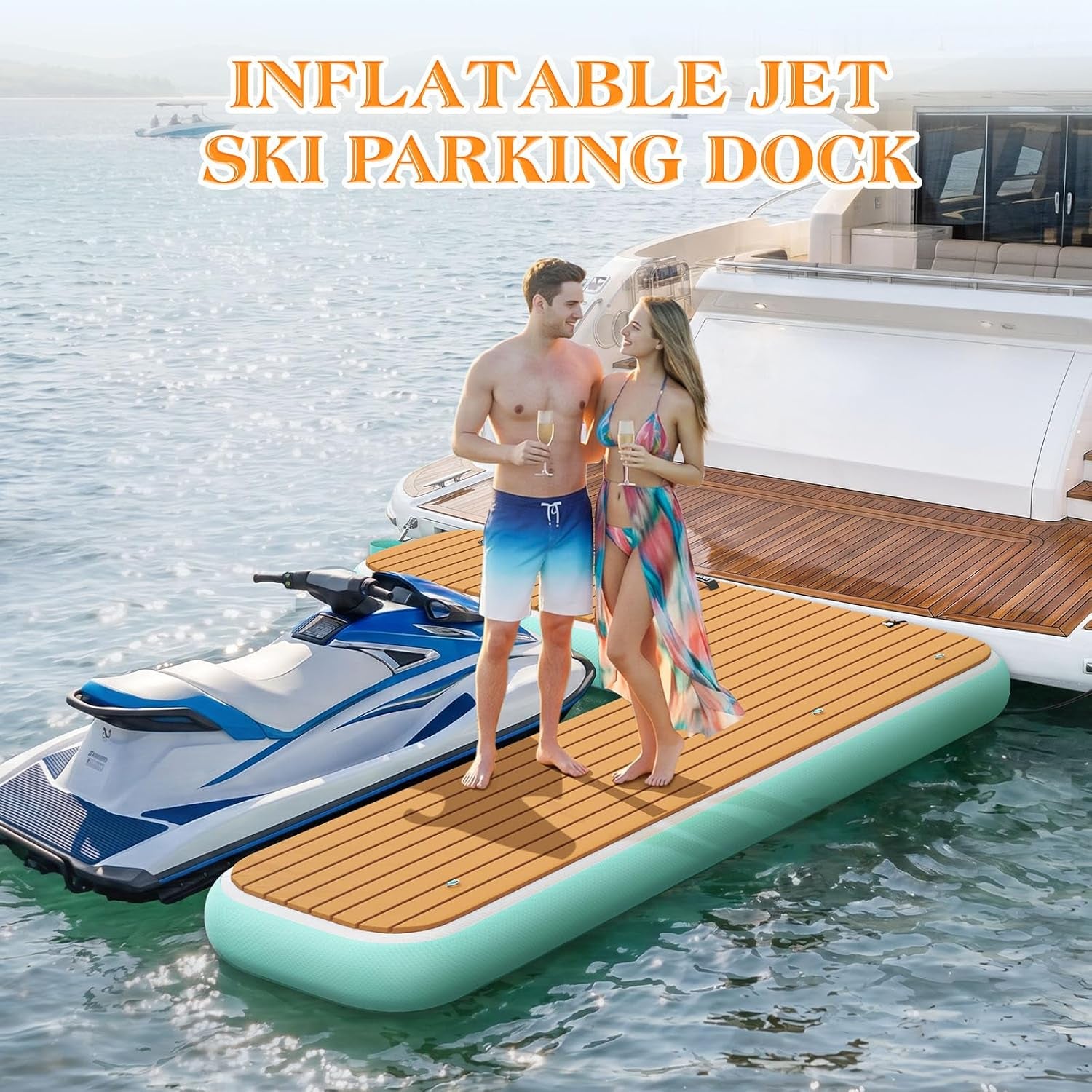 Inflatable Jet Ski Dock, 10Ft/8Ft Inflatable Floating Dock for Lake Ocean Pool, PWC Inflatable Dock Floating Platform, Non-Slip EVA Surface, Boat Fenders for Docking, T Shaped/L Shaped Design
