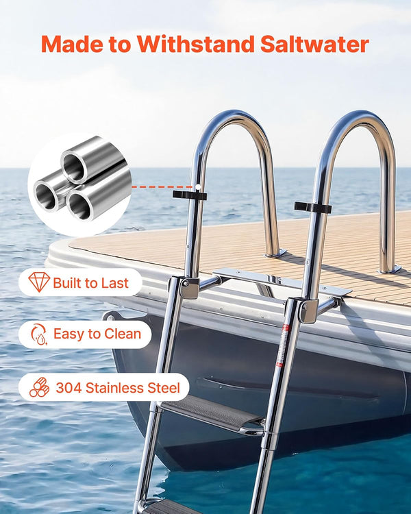 Boat Ladder, 4 Steps Stainless Steel Telescoping Folding Swim Deck Ladder for Rear Entry Inboard, 600Lbs Capacity with 4.1'' Extra Wide Steps & Handrails, for Outboards, Yacht, Pontoon Boat
