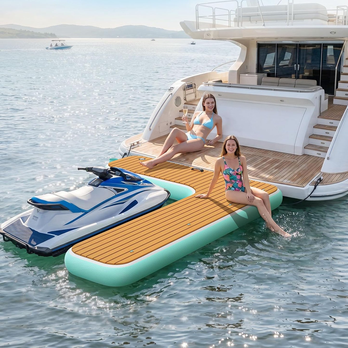 Inflatable Jet Ski Dock, 10Ft/8Ft Inflatable Floating Dock for Lake Ocean Pool, PWC Inflatable Dock Floating Platform, Non-Slip EVA Surface, Boat Fenders for Docking, T Shaped/L Shaped Design