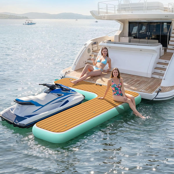 Inflatable Jet Ski Dock, 10Ft/8Ft Inflatable Floating Dock for Lake Ocean Pool, PWC Inflatable Dock Floating Platform, Non-Slip EVA Surface, Boat Fenders for Docking, T Shaped/L Shaped Design