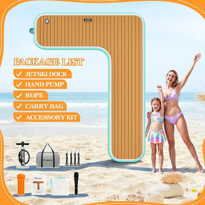 Inflatable Jet Ski Dock, 10Ft/8Ft Inflatable Floating Dock for Lake Ocean Pool, PWC Inflatable Dock Floating Platform, Non-Slip EVA Surface, Boat Fenders for Docking, T Shaped/L Shaped Design