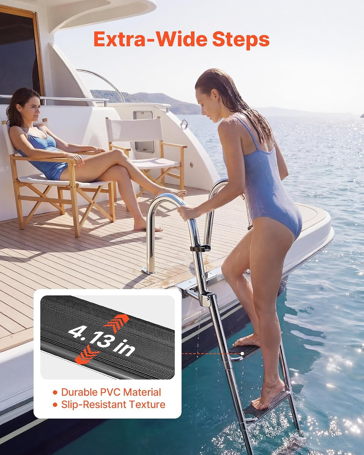 Boat Ladder, 4 Steps Stainless Steel Telescoping Folding Swim Deck Ladder for Rear Entry Inboard, 600Lbs Capacity with 4.1'' Extra Wide Steps & Handrails, for Outboards, Yacht, Pontoon Boat