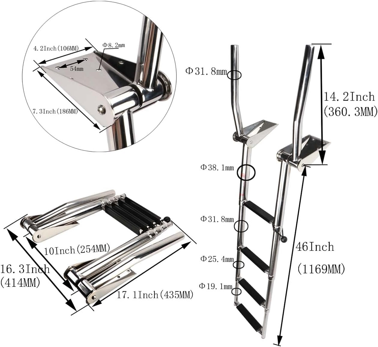 Stainless Steel In-Board 4 Steps Telescoping Ladder Folding Dock Ladder for Marine Boat Yacht Swimming Pool 600Lbs Capacity with L Handrails