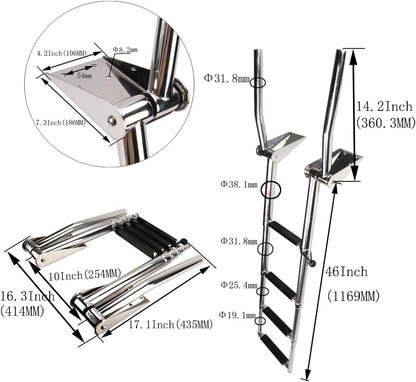 Stainless Steel In-Board 4 Steps Telescoping Ladder Folding Dock Ladder for Marine Boat Yacht Swimming Pool 600Lbs Capacity with L Handrails