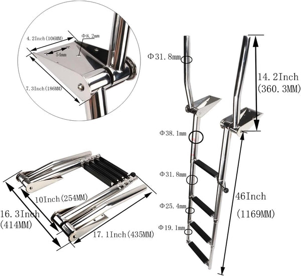 Stainless Steel In-Board 4 Steps Telescoping Ladder Folding Dock Ladder for Marine Boat Yacht Swimming Pool 600Lbs Capacity with L Handrails