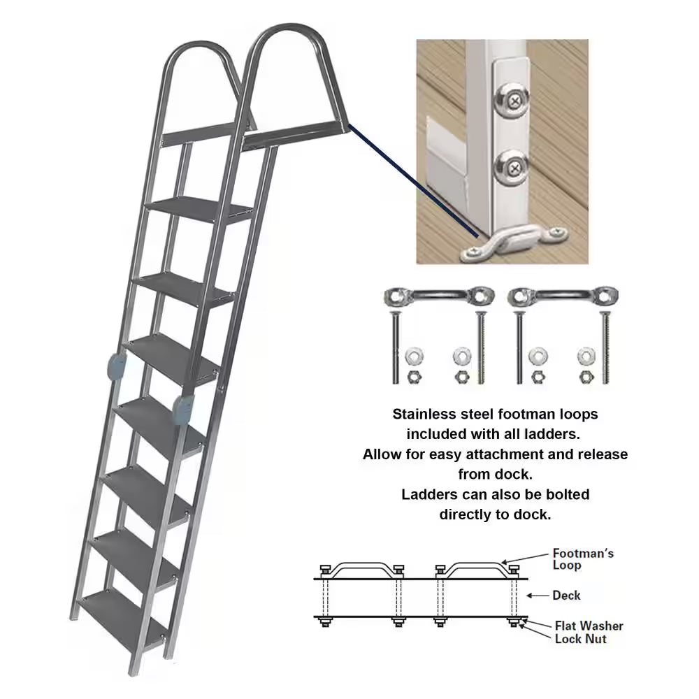 7-Step 16-In. Wide Aluminum Angled Boat Dock Ladder with Tapered Steps for Seawalls and Stationary Dock Systems