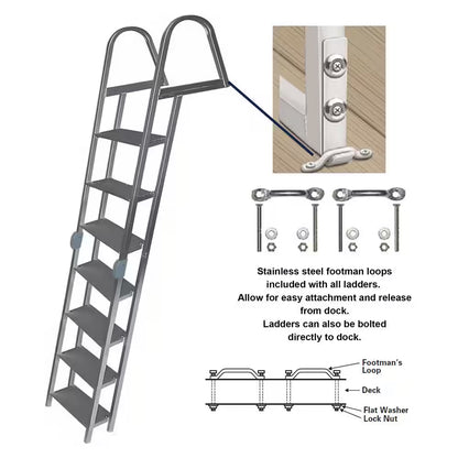 7-Step 16-In. Wide Aluminum Angled Boat Dock Ladder with Tapered Steps for Seawalls and Stationary Dock Systems