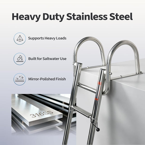 Stainless Steel Boat Ladder Built for Marine Use, 3 Step Telescoping Design, 400 lb Capacity, Quick Release