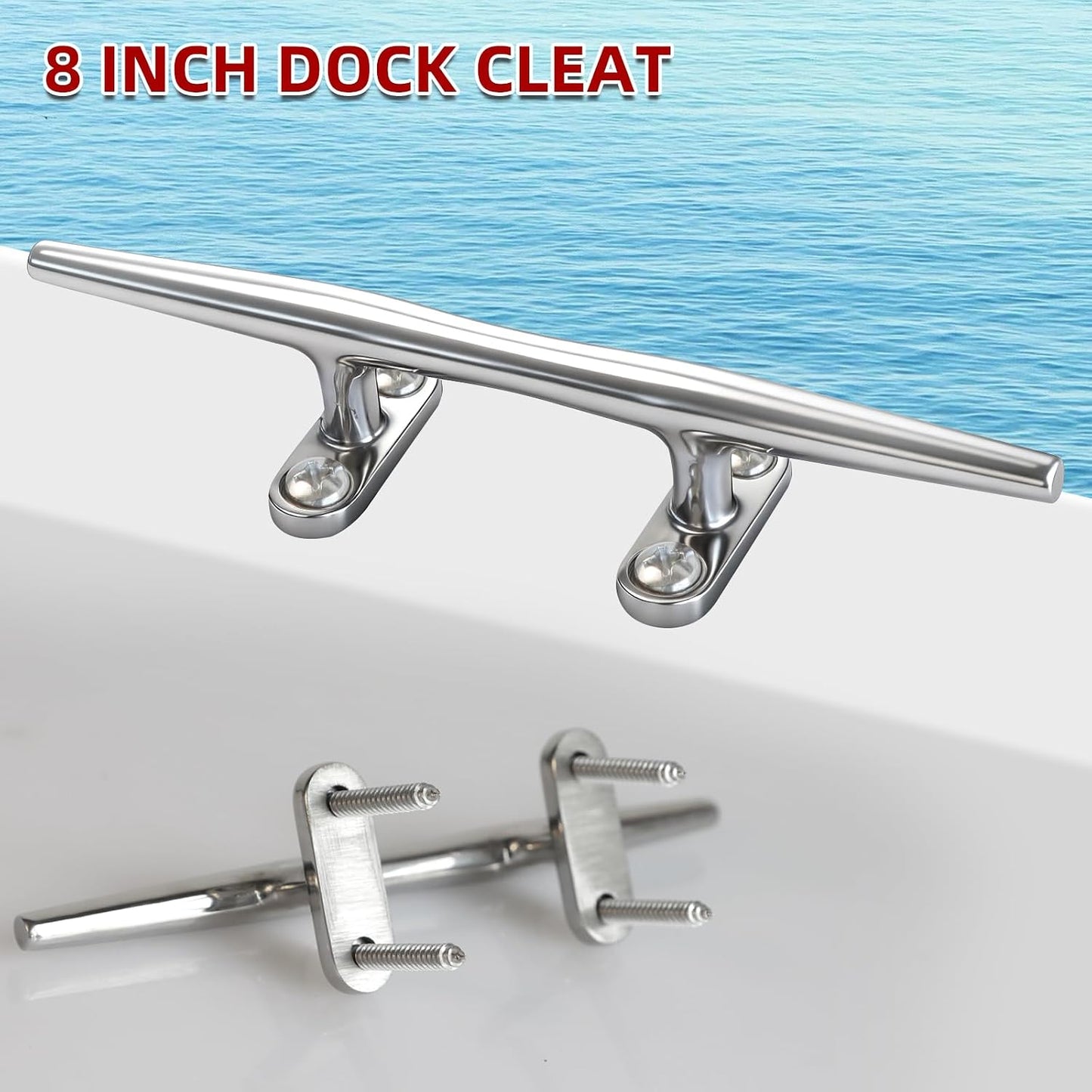 8 Pcs Boat Cleats 6" & 8" – 316 Stainless Steel Marine Grade, Includes 6" Folding and 8" Open Base Cleats with Mounting Screws for Boats, Kayaks, Yachts, Docks & Nautical Decor