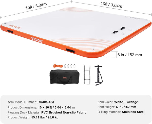 Inflatable Floating Dock Platform Built for Multi-Use Water Activities, 10x10 Ft Non-Slip Surface, 8-10 Person Capacity