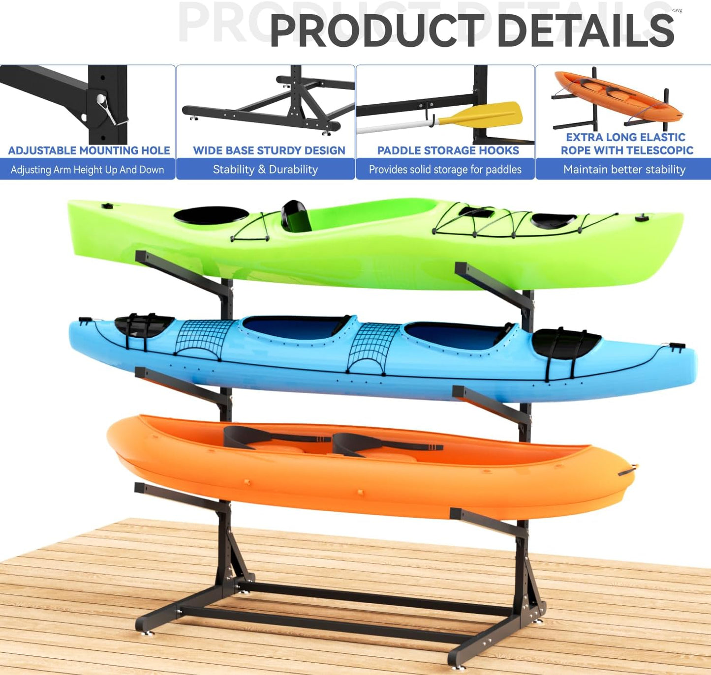 Kayak Storage Rack, Heavy Duty Kayak Rack for Garage, 3 Level Adjustable Kayak Stand Holds up to 300 Lbs for Kayaks, Paddleboards, Surfboards, Indoor Outdoor Kayak Holder(3 Kayaks)