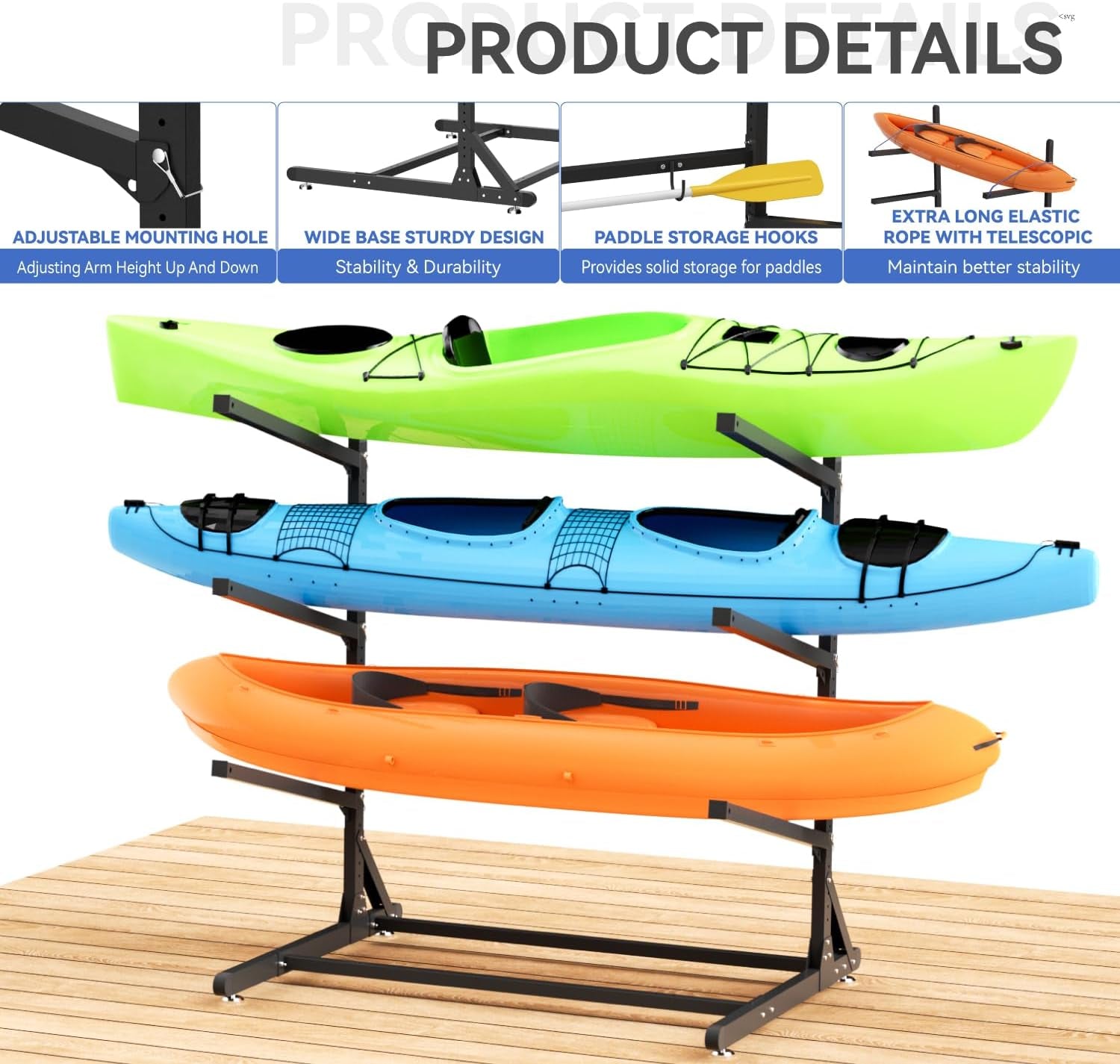 Kayak Storage Rack, Heavy Duty Kayak Rack for Garage, 3 Level Adjustable Kayak Stand Holds up to 300 Lbs for Kayaks, Paddleboards, Surfboards, Indoor Outdoor Kayak Holder(3 Kayaks)