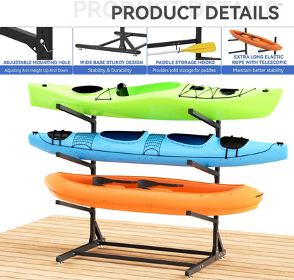 Kayak Storage Rack, Heavy Duty Kayak Rack for Garage, 3 Level Adjustable Kayak Stand Holds up to 300 Lbs for Kayaks, Paddleboards, Surfboards, Indoor Outdoor Kayak Holder(3 Kayaks)