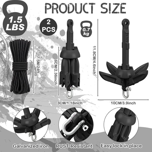 Folding Grapnel Anchor Kit Designed for Small Boats, 1.5lb Galvanized Iron, 24ft Rope, Storage Bags