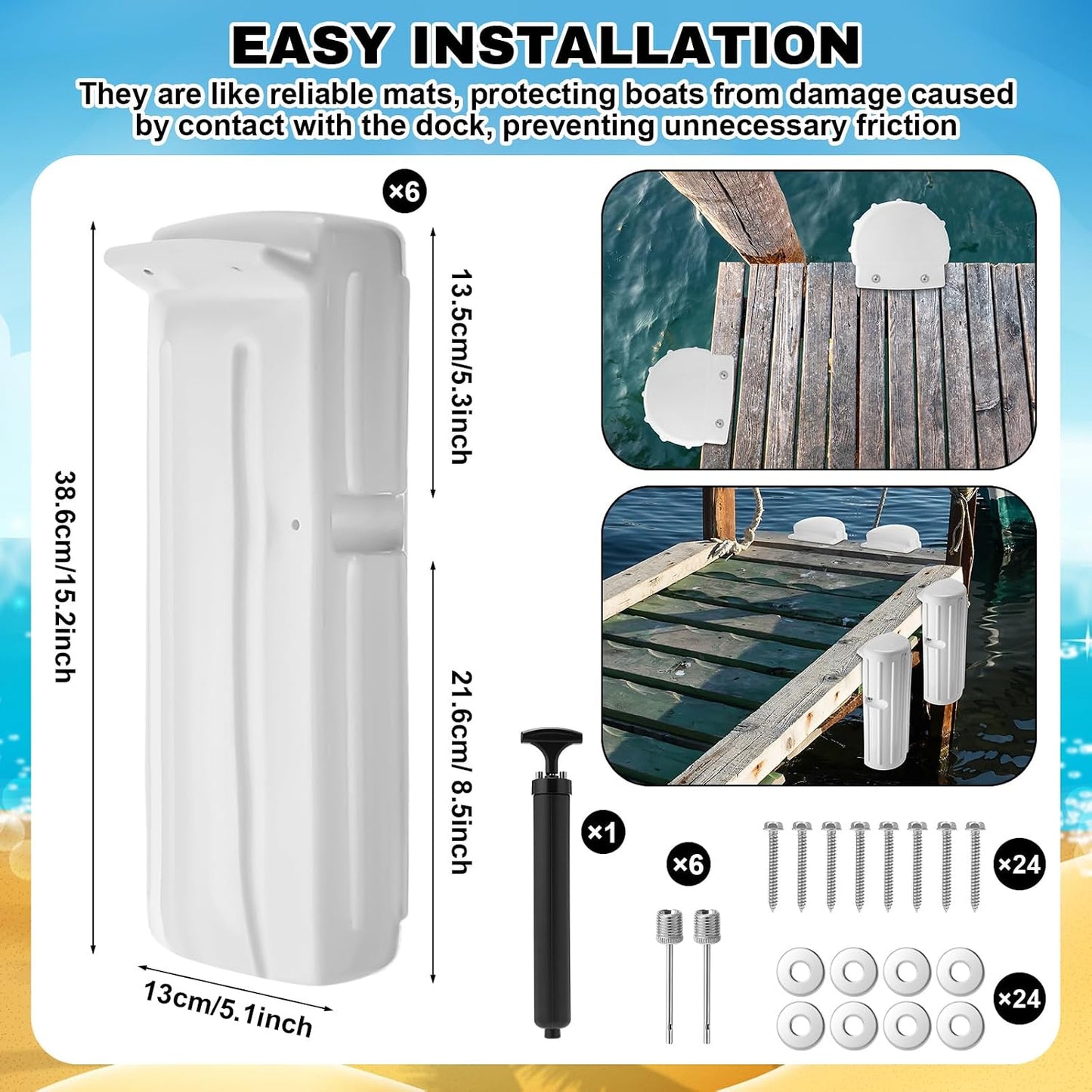 Dock Bumpers Fenders for Edging Docking Inflatable Corner Boat Fenders with Pump and Mounting Hardware for Straight-Edge Side Marine Bumpers for Buoy Pontoon Protector