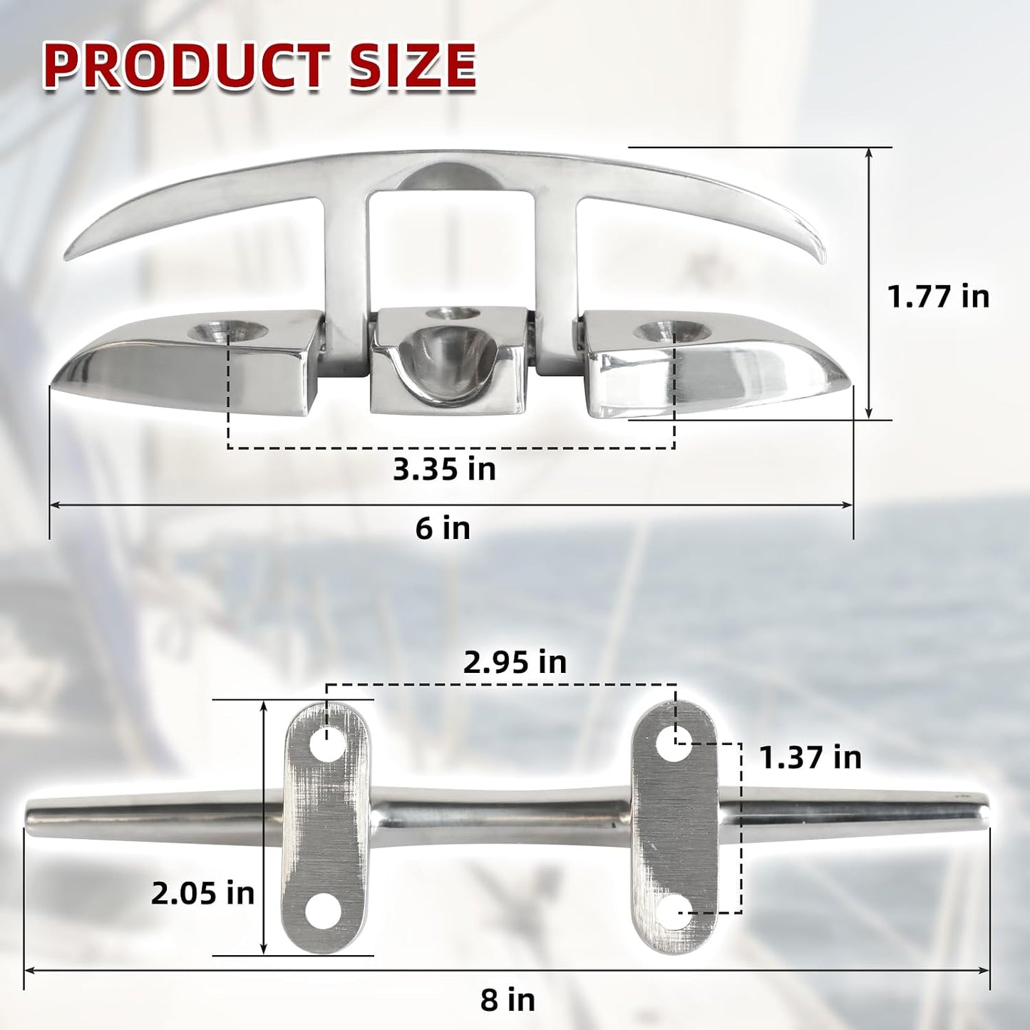 8 Pcs Boat Cleats 6" & 8" – 316 Stainless Steel Marine Grade, Includes 6" Folding and 8" Open Base Cleats with Mounting Screws for Boats, Kayaks, Yachts, Docks & Nautical Decor