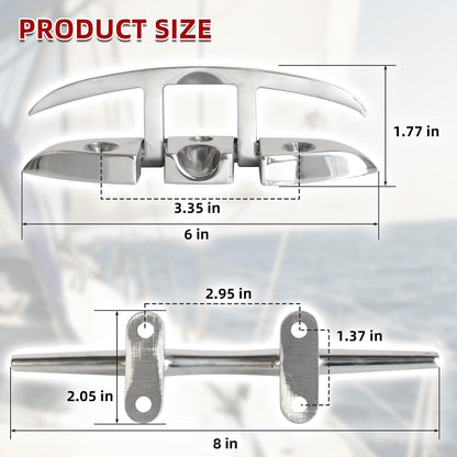 8 Pcs Boat Cleats 6" & 8" – 316 Stainless Steel Marine Grade, Includes 6" Folding and 8" Open Base Cleats with Mounting Screws for Boats, Kayaks, Yachts, Docks & Nautical Decor