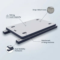 Inflatable Floating Dock Built for Water Recreation, 500kg Capacity, Drop Stitch Material, Motor Mount — infographic